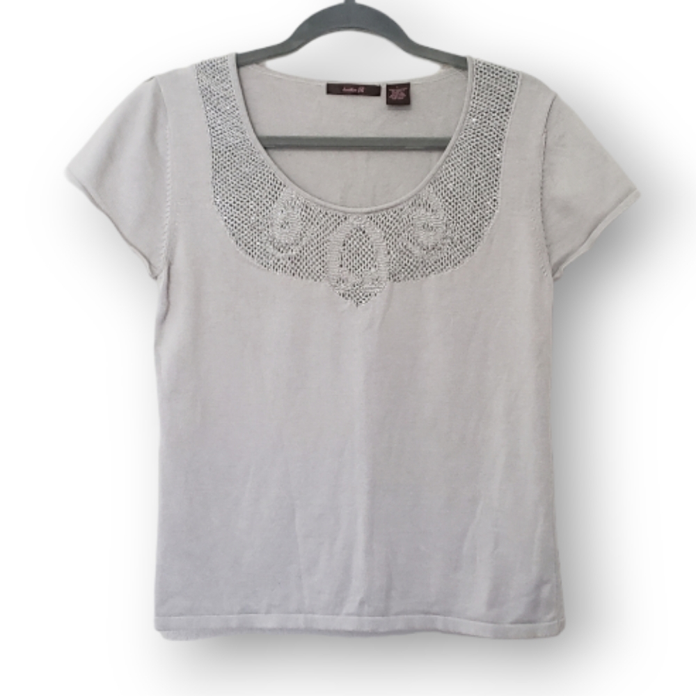 Grey Beaded Blouse Top Cotton Scoop neck Size Large